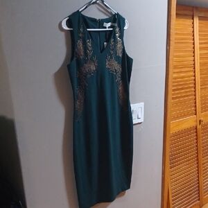 Calvin Klein Dark Green Midi Dress with Gold Accents